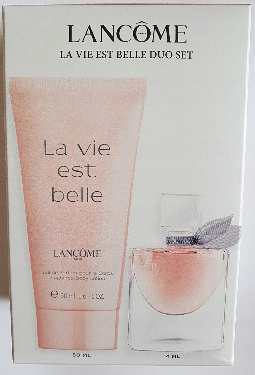 Lancome la vie est belle 2 pcs set for women: 4 ml eau de parfum mini + 1.6 body lotion.