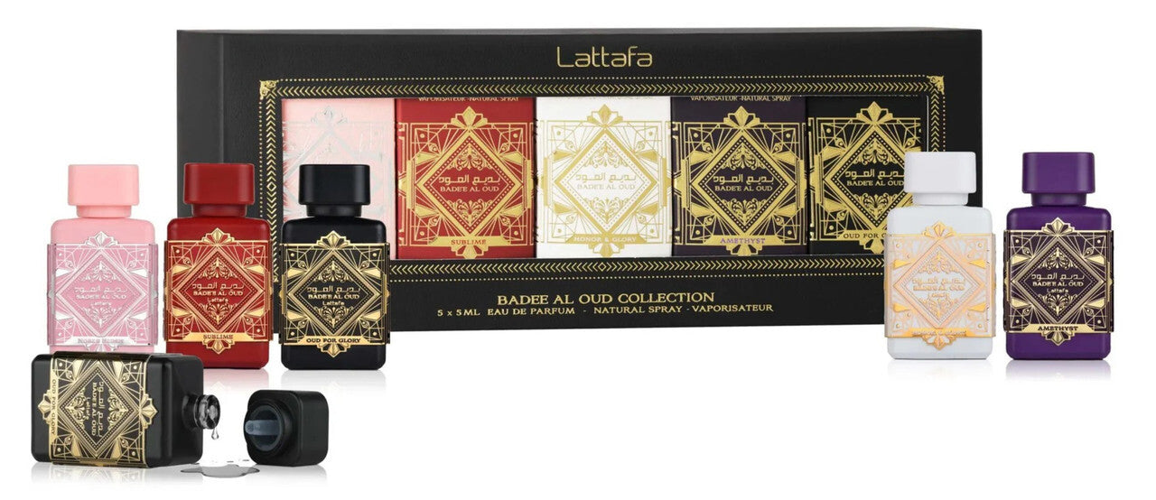Lattafa bade'e al oud 5 * 5 ml eau de parfum mini set: noble blush + sublime + honor & glory + amethyst + oud for glory